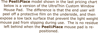 The Peel&Place model shown in the last pricing chart below is a version of the UltraThin Custom Window Mouse Pad.  The difference is that the end user will peel off a protective film on the underside, and then expose a low tack surface that prevent the light weight mouse pad from slipping during use.  The is no residue left behind when the Peel&Place mouse pad is re-positioned.